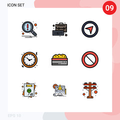 Mobile Interface Filledline Flat Color Set of 9 Pictograms of bush, watch, direction, time, clock