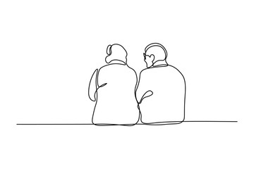 Wall Mural - Elderly couple in continuous line art drawing style. Back view of senior people sitting together and talking. Minimalist black linear sketch isolated on white background. Vector illustration