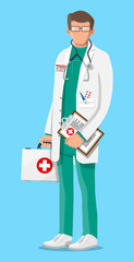 Wall Mural - Doctor in white coat with stethoscope and case. Medical suit with different pills and medical devices in pockets. Healthcare, hospital and medical diagnostics. Vector illustration in flat style