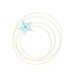 Marine art wreath, seastar and ocean seashell sketch circles, vector gold geometric frame. Turquoise underwater reef corals on white background for wedding, summer travel and tropical vacations design