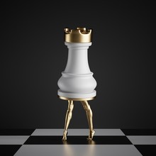 3d Render, Surreal Concept, Chess Game Piece, White Rook Standing, Object With Golden Slim Model Legs, Classic Checkered Floor, Abstract Modern Minimal Design