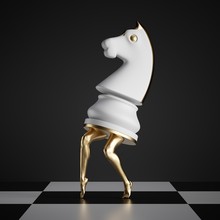 3d Render, Surreal Concept, Chess Game Piece, White Knight, Horse With Golden Slim Legs, Classic Checkered Floor, Abstract Modern Minimal Design