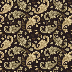 Paisley pattern, golden floral background, seamless flower and leaf ornament, vector illustration. Brown and beige abstract vintage Paisley pattern decoration, floral fabric art design background