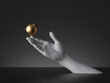 © NeoLeo - 3d render, mannequin hand holding golden ball, open palm gesture isolated on black background. Modern minimal fashion concept, simple clean design. Concrete sculpture. Human limb prosthesis