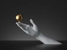 3d Render, Mannequin Hand Holding Golden Ball, Open Palm Gesture Isolated On Black Background. Modern Minimal Fashion Concept, Simple Clean Design. Concrete Sculpture. Human Limb Prosthesis