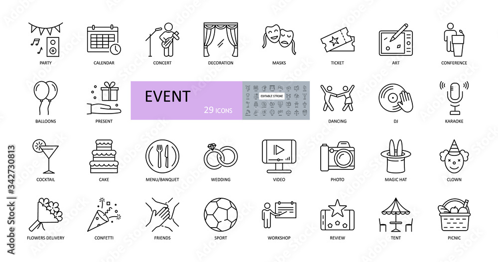 Event vector icons. Editable Stroke. Entertainment, party concert scenery, music video, wedding gifts, dancing, DJ. Food drinks, flowers, sport tickets, picnic tent - obrazy, fototapety, plakaty 