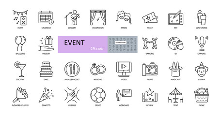 event vector icons. editable stroke. entertainment, party concert scenery, music video, wedding gift