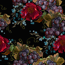 Red Roses Flowers And Cluster Of Grapes. Embroidery Seamless Pattern. Template Fashionable Clothes, T-shirt Design, Print, Renaissance Style. Harvest Art