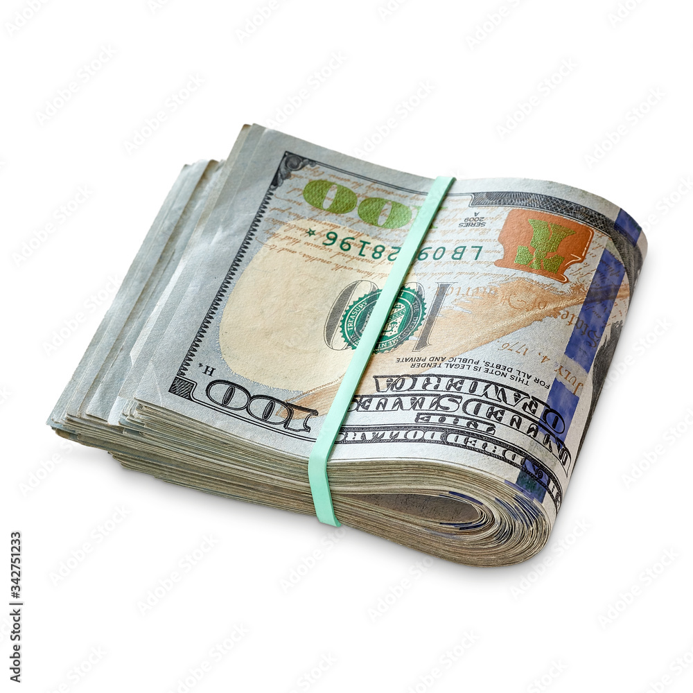 Wad of folded 100 or hundred US dollar bills tied with rubber band isolated  on white background shallow dept of field. Including clipping path. 스톡 사진 |  Adobe Stock