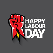 1 May Happy Labour Day Vector Label With Strong Protest Fist Isolated On Grey Background With Rays. Vector Happy Labor Day Background Or Banner With Man Hand. Workers May Day Poster