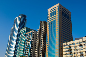 Panorama of the center of the Emirate of Sharjah, United Arab Emirates . Real estate in United Arab Emirates . Construction of skyscrapers in the modern city center