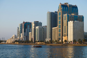 Panorama of the center of the Emirate of Sharjah, United Arab Emirates . Walking area in the UAE city. Real estate in United Arab Emirates .