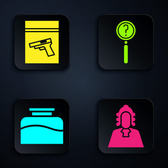 Wall Mural - Set Judge, Evidence bag and pistol or gun, Inkwell and Magnifying glass with search. Black square button. Vector