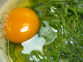 Omelet with Climbing Wattle,Fried egg on vegetables Wait until the mixture is mixed and then fried in a hot pan that is ready for frying