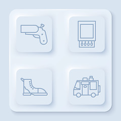 Wall Mural - Set line Flare gun pistol, Open matchbox and matches, Hiking boot and Rv Camping trailer. White square button. Vector