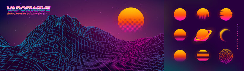 futuristic neon retrowave background. retro low poly grid wireframe landscape mountain terrain with 