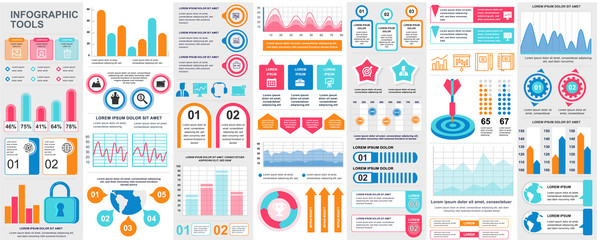 Poster - Bundle infographic UI, UX, KIT elements with charts, diagrams, workflow, flowchart, timeline, online statistics, marketing icons elements design template. Vector info graphics and infographics set.