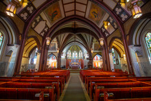 Altar Inside Saint Mary Of The Assumption Parish Church At 5 Linden Pl At Harvard Street In Brookline Village, Town Of Brookline, Massachusetts MA, USA. 