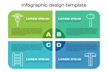 Set line Wooden staircase, Electric rotary hammer drill, T-square line and Hammer. Business infographic template. Vector