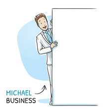 Happy And Interested Young Man In Business Suit Peering Behind A Wall. Hand Drawn Cartoon Sketch Vector Illustration, Whiteboard Marker Style Coloring. 