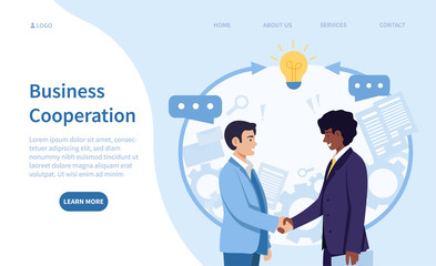 Business cooperation and teamwork concept with a Caucasian and Black businessmen shaking hands on an agreement or partnership with speech bubbles, colored vector illustration with copy space