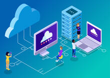 Isometric Vector Illustration Representing Computer Backup And Storage Technology, Clouds, Server, Laptop, And Connectivity