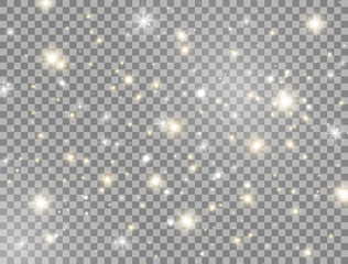 Wall Mural - glow light effect decoration. bright golden and white sparkles on transparent background. glitter ma