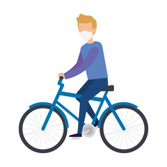 Wall Mural - young man with face mask in bike vector illustration design