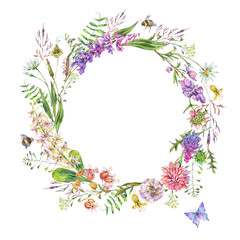  Vintage watercolor summer purple meadow wildflowers wreath