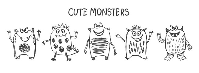 Cute monsters sketch drawn by hand as a kid. Black stroke funny characters on a white background.