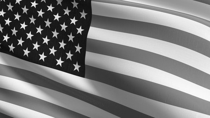 United States of America national flag blowing in the wind isolated for 4th of July or Independence Day. Official patriotic design. 3D rendering illustration of waving sign. black and white color.