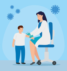 Sticker - doctor female vaccinating to boy and particles covid 19 vector illustration design