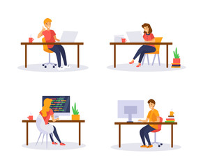 Set of office workers characters. Men and women sitting at the tables using laptops and computers.