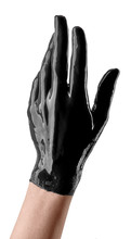 Elegant Female Hand In Black Latex Glove On A White Background. Female Hand In Liquid Black Oil Or Black Acrylic Paint