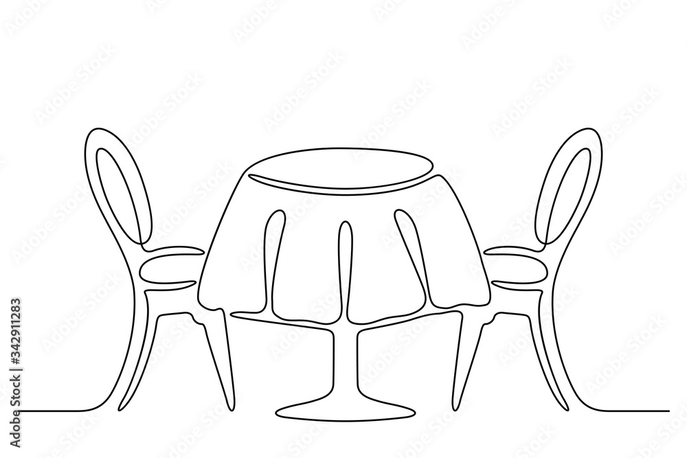 Continuous line drawing. Table with chairs. Black isolated on white ...