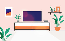 Tv Stand In Apartment - View Of A Turned Off Flat Screen Television On Top Of A Bench In A Regular Home. Watching Tv Concept. Vector Illustration.