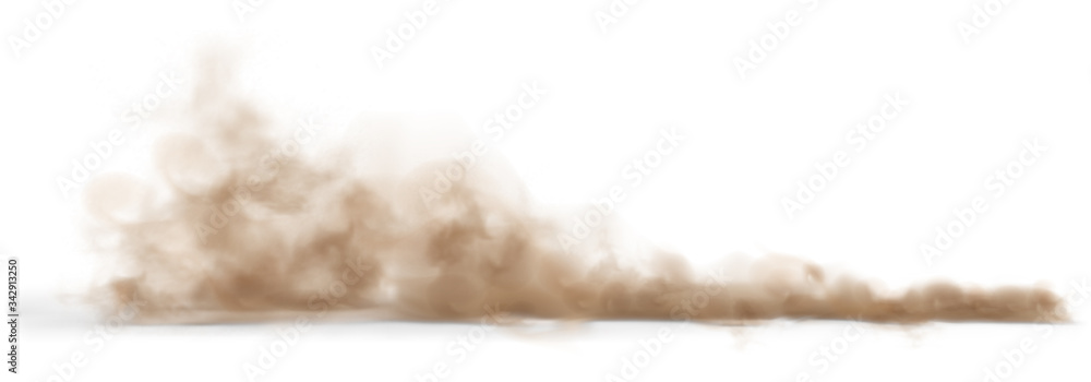 Dust sand cloud on a dusty road from a car. - obrazy, fototapety, plakaty 