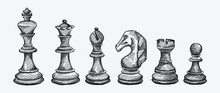 Hand-drawn Sketch Set Of Chess Pieces On A White Background. Chess. Check Mate. King, Queen, Bishop, Knight, Rook, Pawn