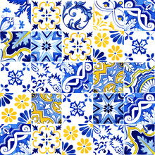 Portuguese Azulejos Tile Seamless Pattern. Traditional Portuguese Mosaic Tile Decoration. Watercolor Blue And Yellow Artwork. Antique Ceramics Tileable, Heritage. Old Painted Panel With Floral Pattern