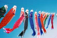 Low Angle View Of Multi Colored Koinobori Hanging Against Clear Blue Sky