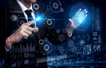 Fototapete - Big Data Technology for Business Finance Analytic Concept. Modern graphic interface shows massive information of business sale report, profit chart and stock market trends analysis on screen monitor.