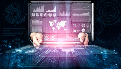 Fototapete - Data Analysis for Business and Finance Concept. Graphic interface showing future computer technology of profit analytic, online marketing research and information report for digital business strategy.