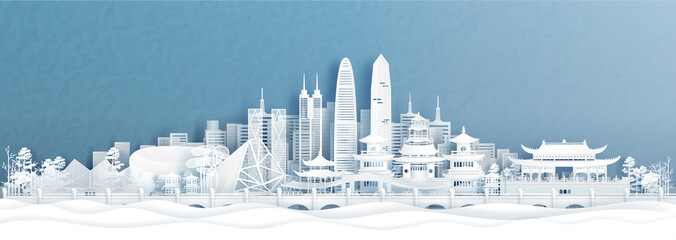 Fototapete - Panorama view of Shenzhen skyline with world famous landmarks of China in paper cut style vector illustration.