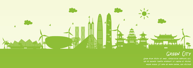 Fototapete - Green city of Shenzhen, China. Environment and ecology concept. Vector illustration.
