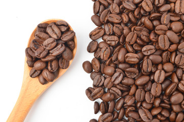 Raw coffee beans with wooden spoon on white background.