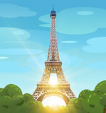 Fototapeta Boho - Eiffel Tower in Paris against the blue sky. The sun on the Champs Elysees. Daytime Paris. The daytime sun at the Eiffel Tower. Vector illustration