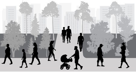 Silhouettes of crowd of people walking in park. Vector illustration.