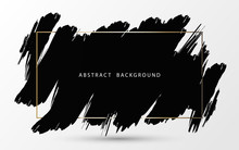 Abstract Black Ink Brush Stroke With Gold Frame On White Background. Vector Illustration