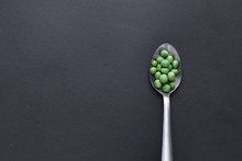 Healthy Fresh Green Peas Top View Flat Lay With Black Background.