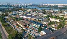 Aerial Top View Of Industrial Park Zone From Above, Factory Chimneys And Warehouses, Industry District In Kiev (Kyiv), Ukraine
